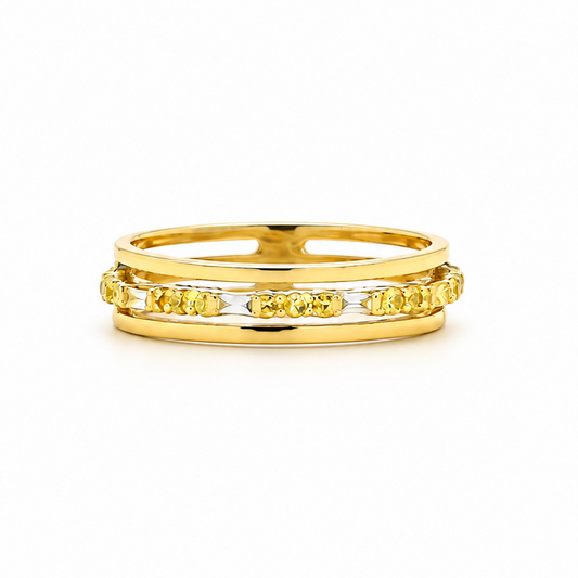 A double-band yellow gold ring featuring a top band with round yellow gemstones and a bottom band with a channel of clear stones, set against a plain white background.