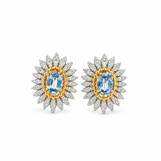 Two-Tone Blue Sapphire Sunburst Diamond Earrings