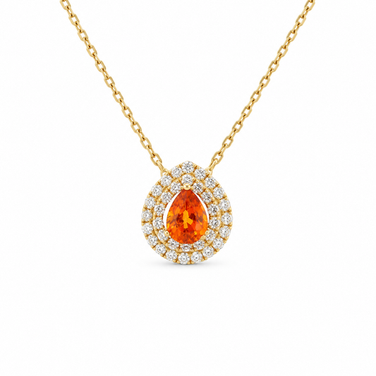Vivid Orange Pear Sapphire Diamond Necklace