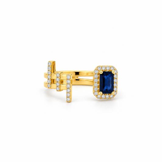 Geometric Sapphire Halo Open Diamond Ring