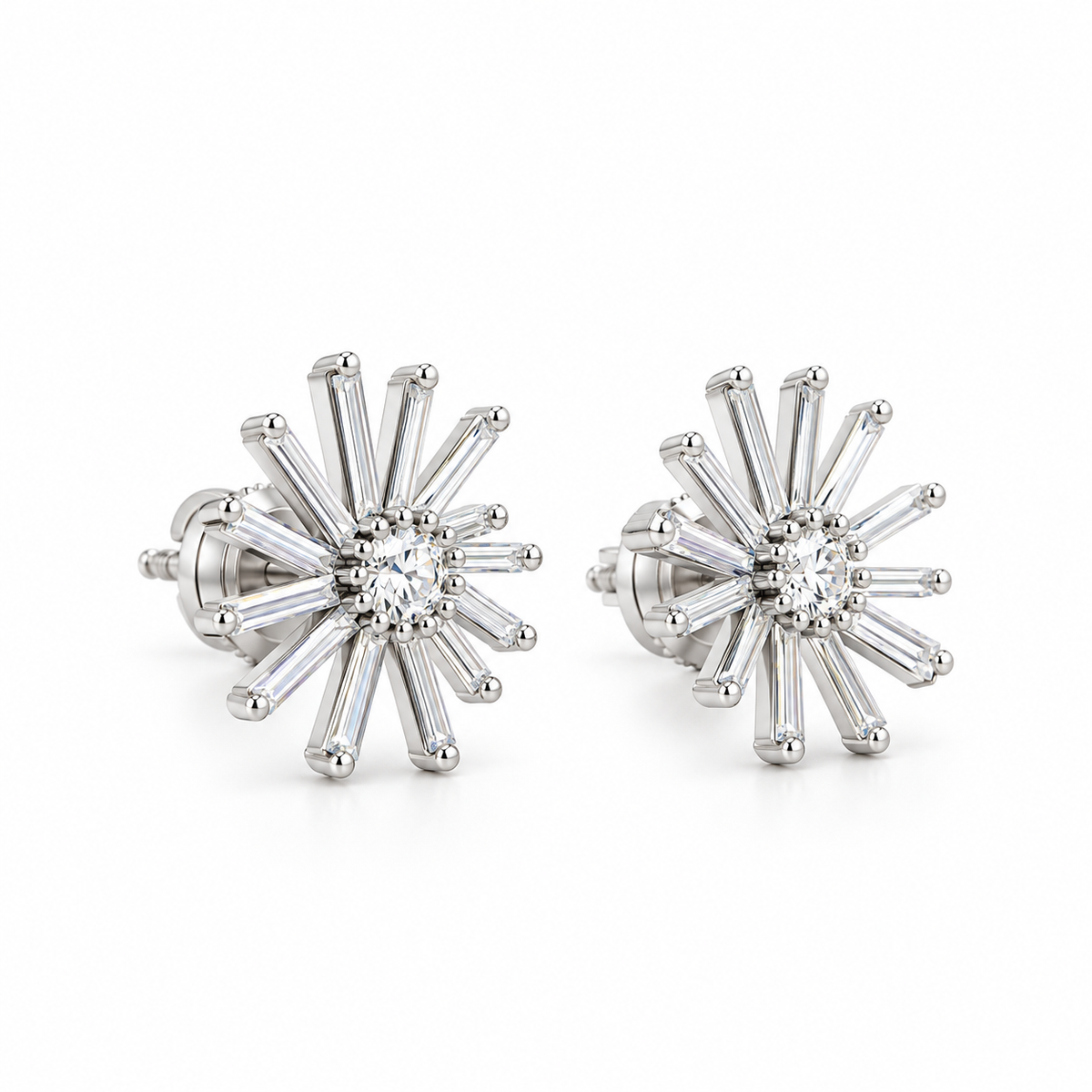 Baguette Sunburst Diamond Stud Earrings