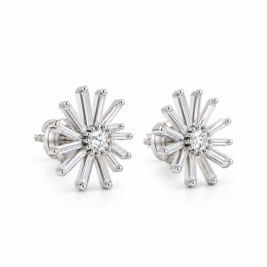 Baguette Sunburst Diamond Stud Earrings