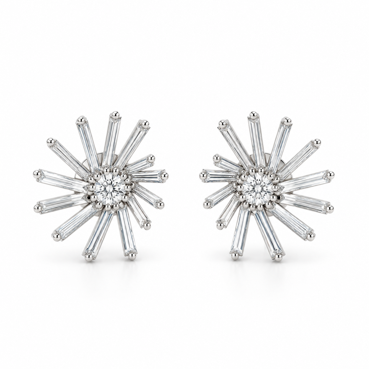 Baguette Sunburst Diamond Stud Earrings