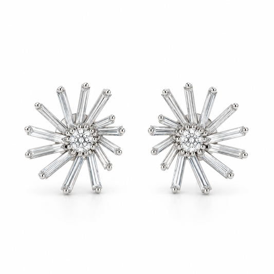Baguette Sunburst Diamond Stud Earrings