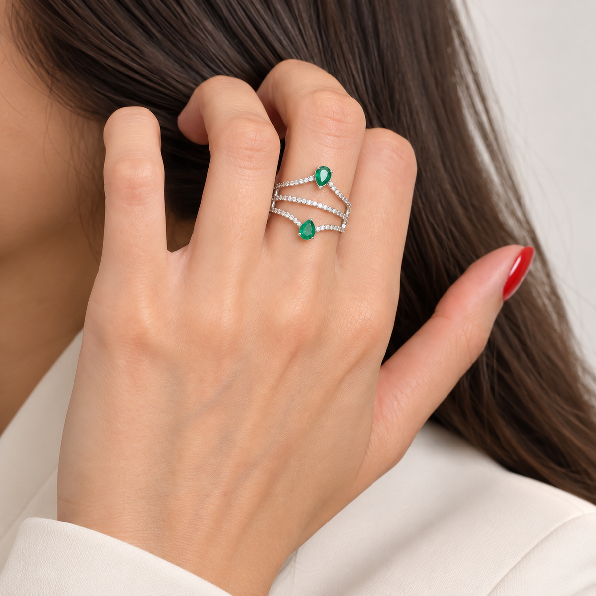 Emerald Double Pear Pavé Diamond Ring