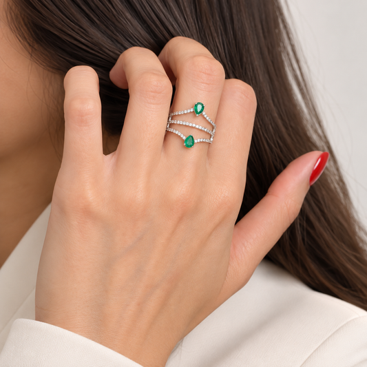 Emerald Double Pear Pavé Diamond Ring