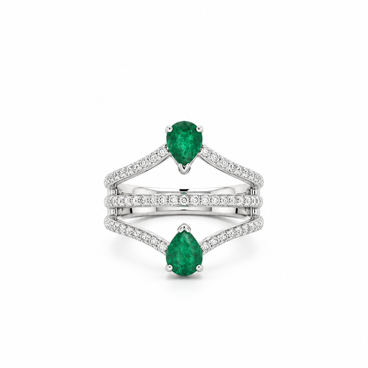 Emerald Double Pear Pavé Diamond Ring
