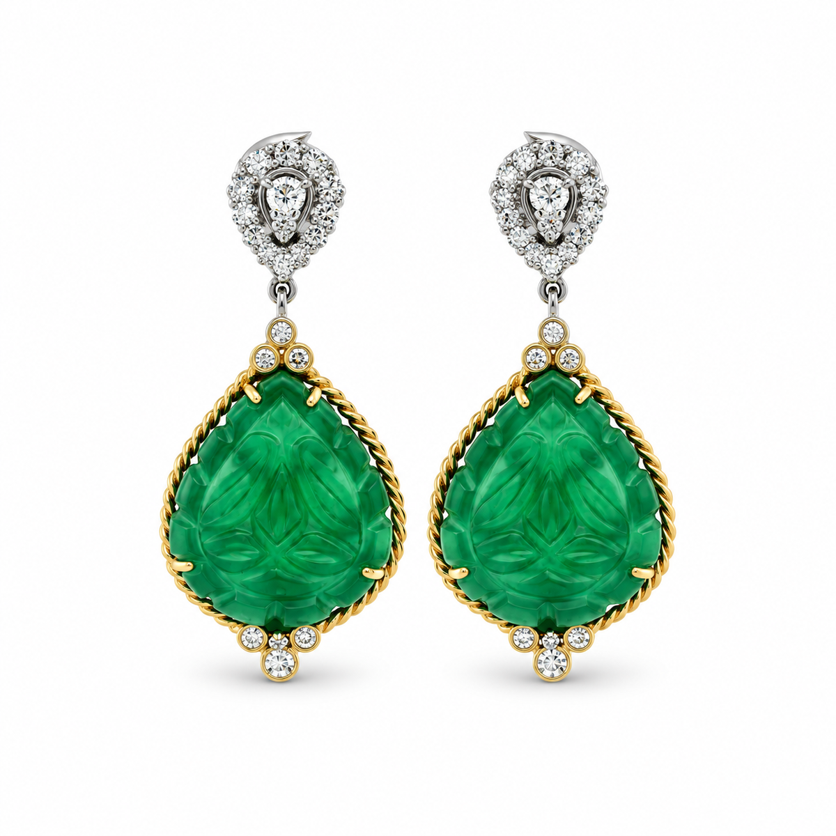 Carved Emerald Drop Diamond Earrings
