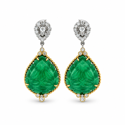 Carved Emerald Drop Diamond Earrings