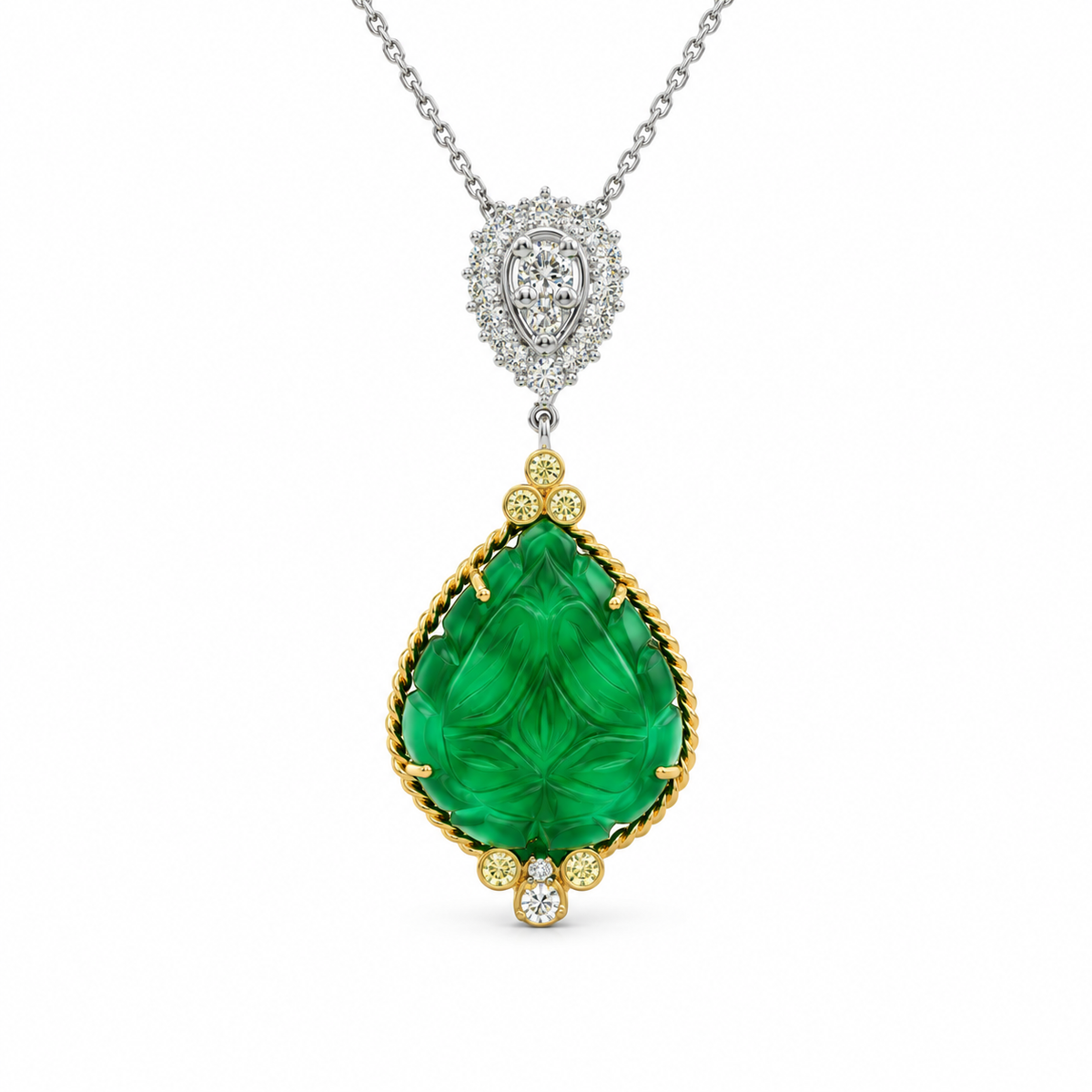 Carved Emerald Drop Diamond Necklace