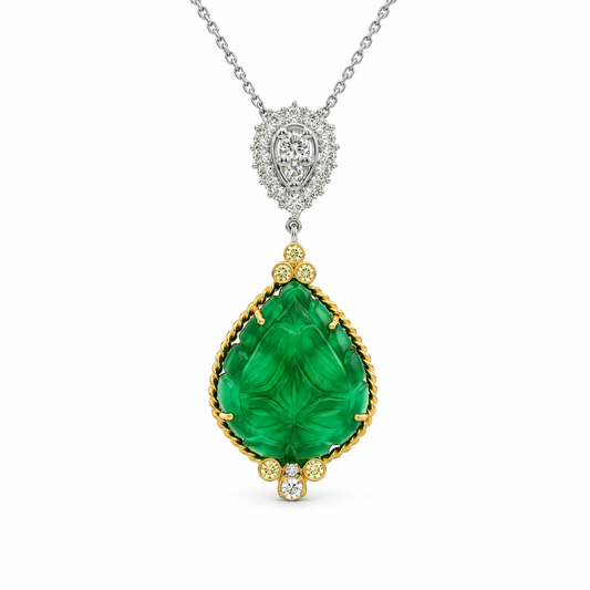 Carved Emerald Drop Diamond Necklace
