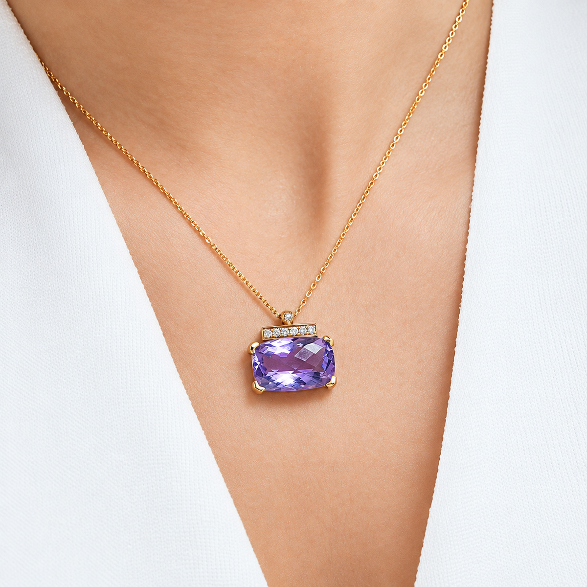 Amethyst and Diamond Bar Pendant Necklace