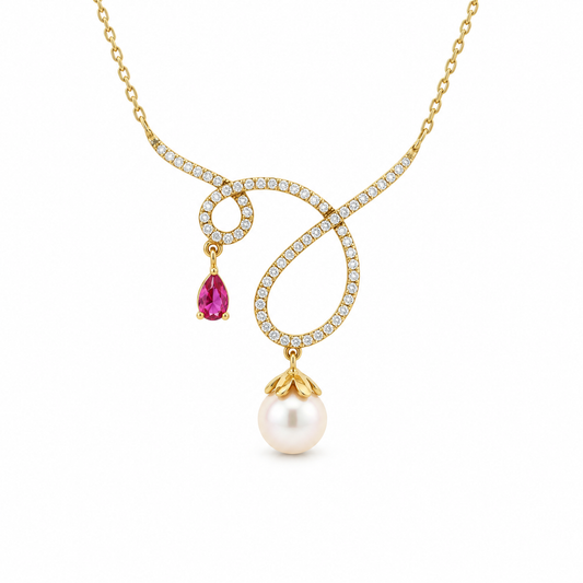 Pearl and Ruby Drop Pavé Swirl Necklace