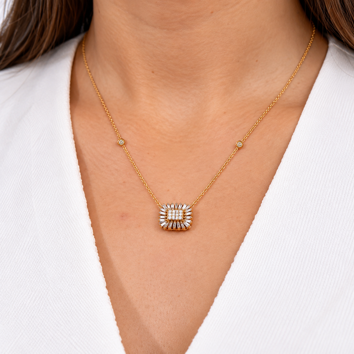 Baguette Halo Square Diamond Necklace