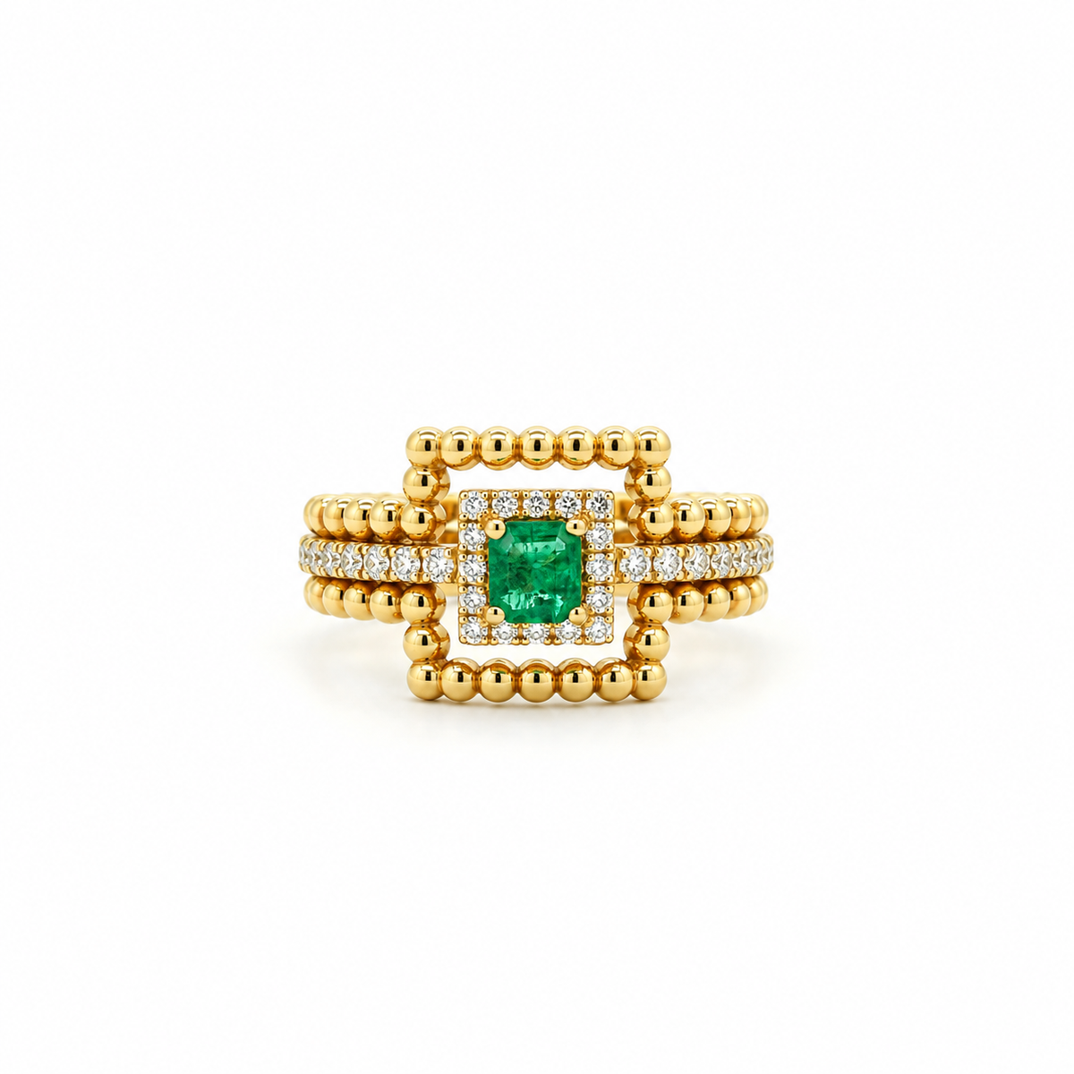Emerald Beaded Halo Diamond Ring