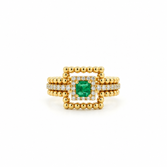 Emerald Beaded Halo Diamond Ring