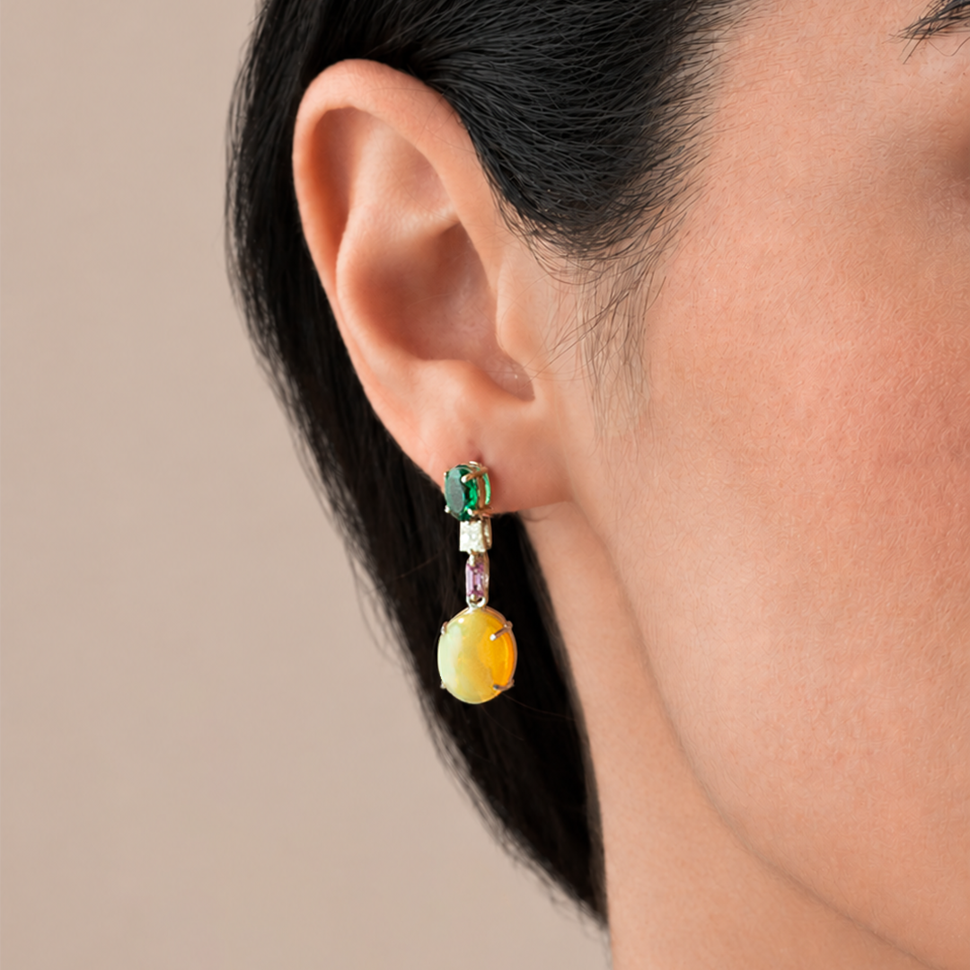 Opal Ruby Drop Diamond Earrings