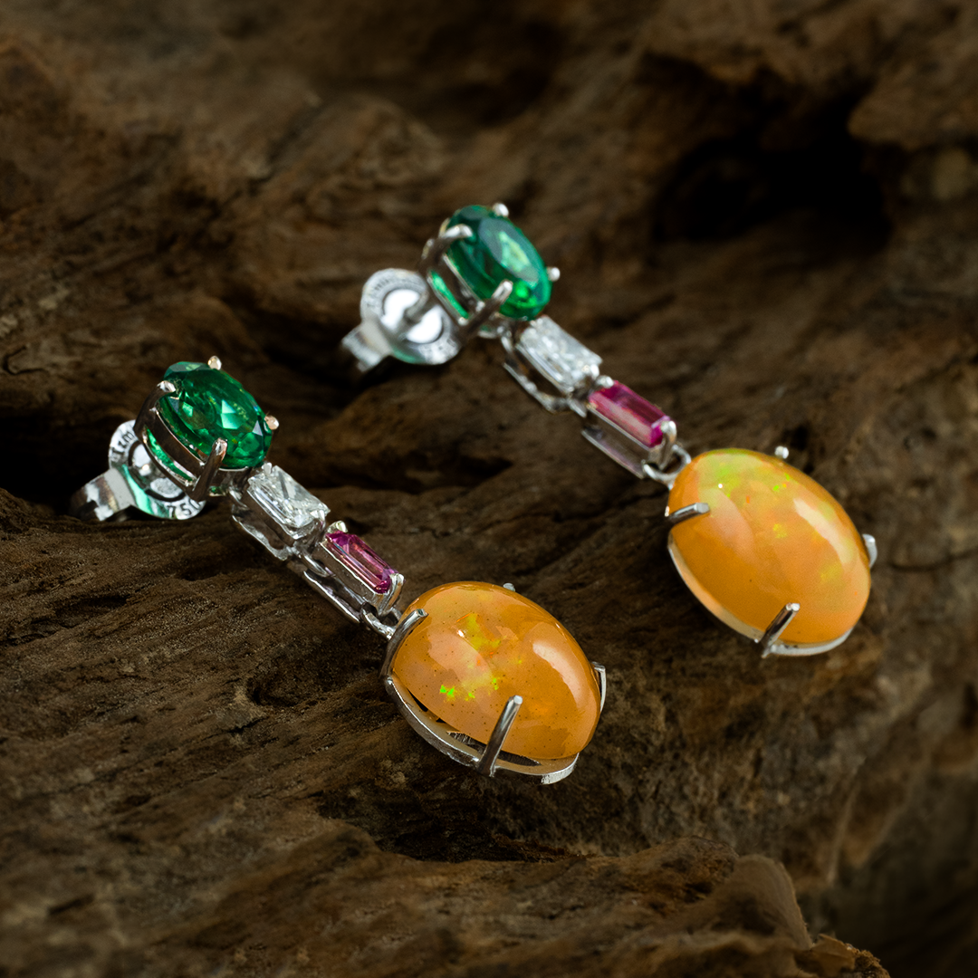 Opal Ruby Drop Diamond Earrings