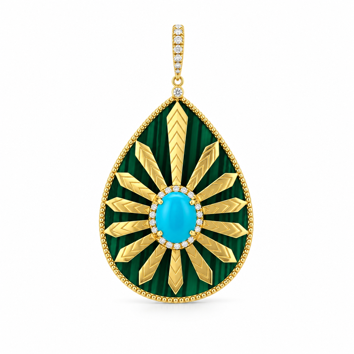 Ornate Malachite Sunburst Diamond Pendant