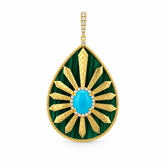 Ornate Malachite Sunburst Diamond Pendant