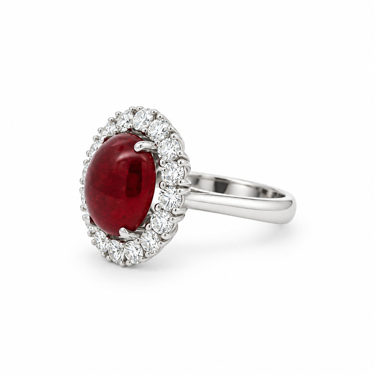 Ruby Cabochon Halo Diamond Ring