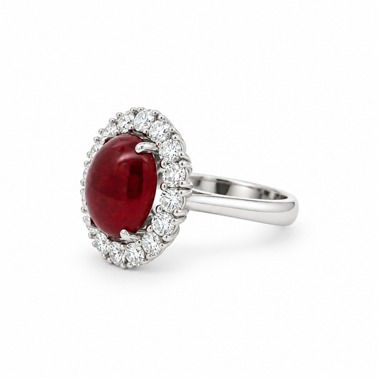 Ruby Cabochon Halo Diamond Ring