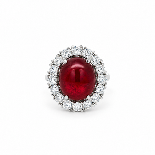 Ruby Cabochon Halo Diamond Ring