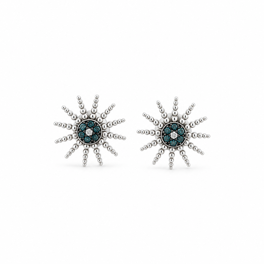 Blue Diamond Sunburst Stud Earrings