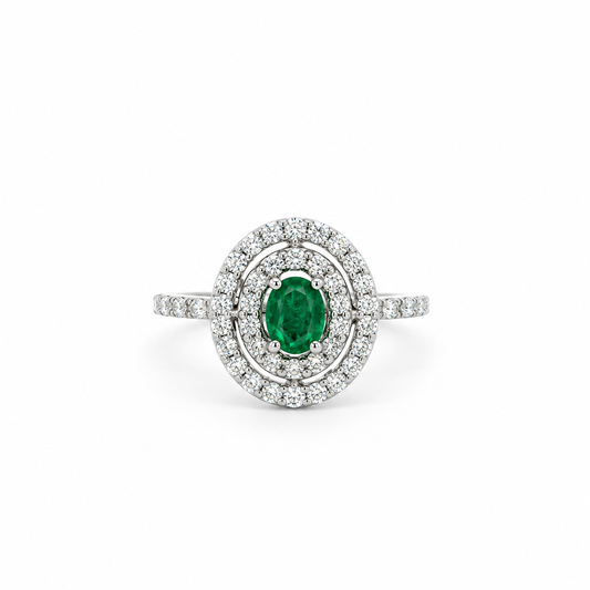 Emerald Double-Halo Diamond Ring