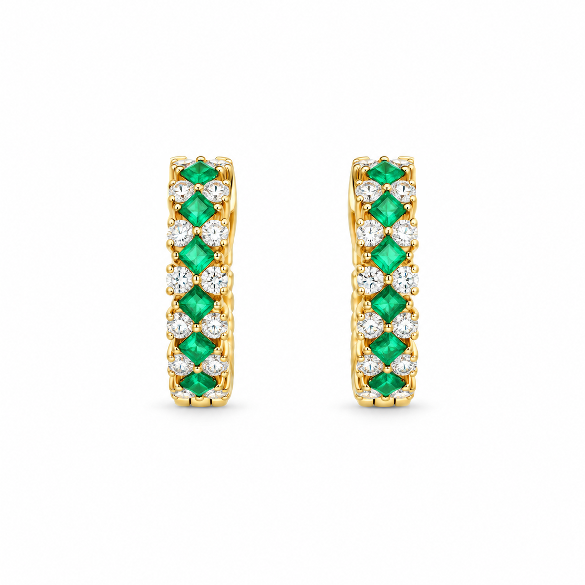 Emerald Checkered Diamond Hoop Earrings
