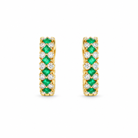 Emerald Checkered Diamond Hoop Earrings