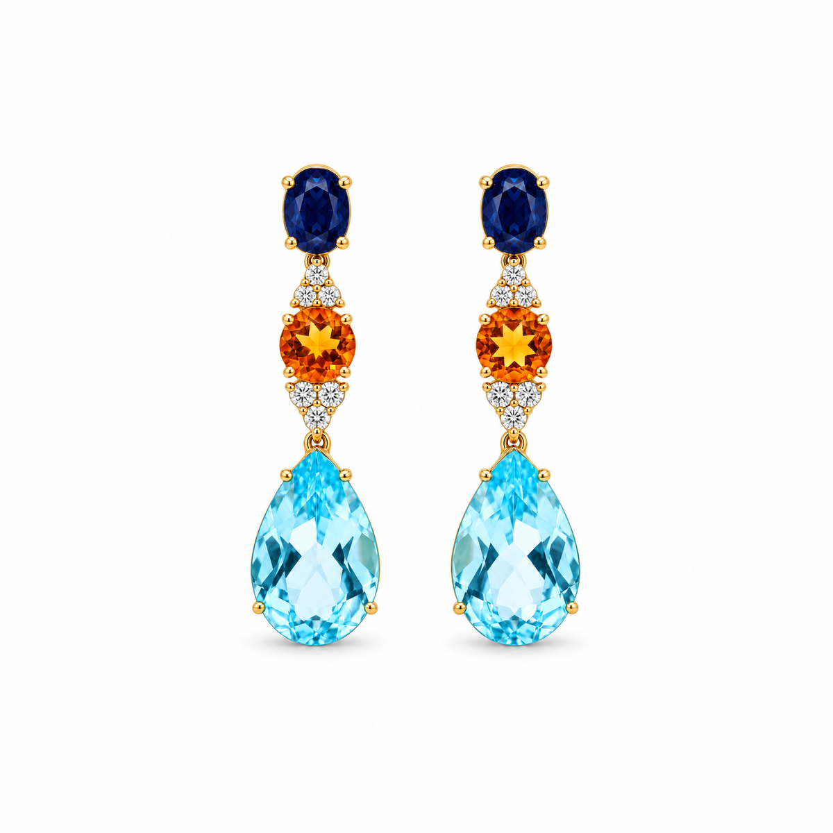 Symmetrical Sapphire and Aqua Drop Diamond Earrings