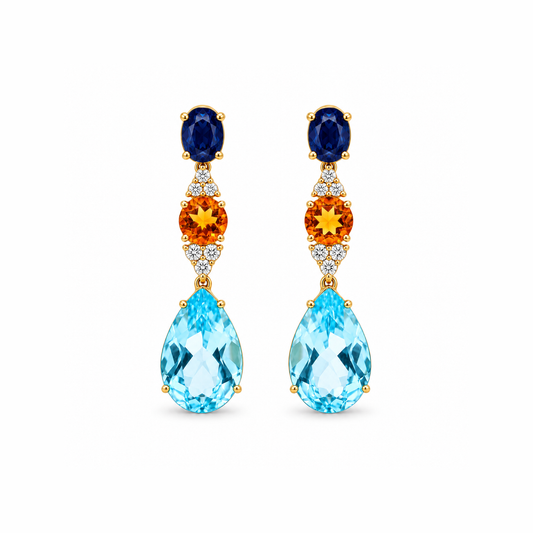 Symmetrical Sapphire and Aqua Drop Diamond Earrings