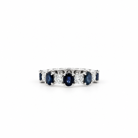 Blue Sapphire and Diamond Alternating Eternity Band
