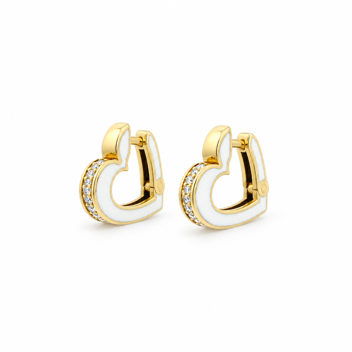 White Enamel Diamond Heart Hoop Earrings