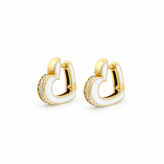 White Enamel Diamond Heart Hoop Earrings