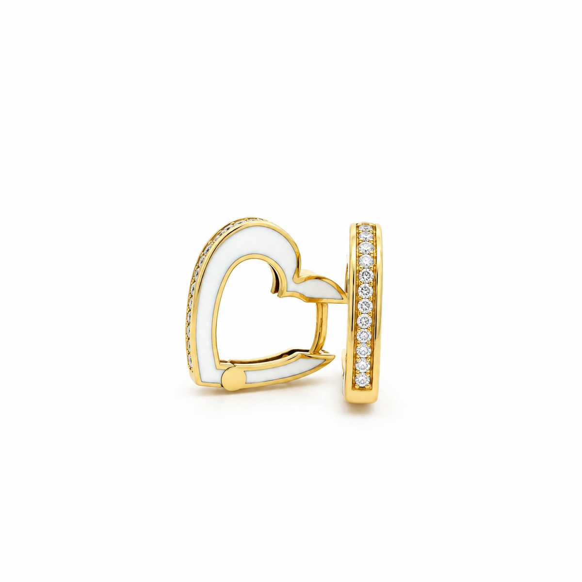 White Enamel Diamond Heart Hoop Earrings