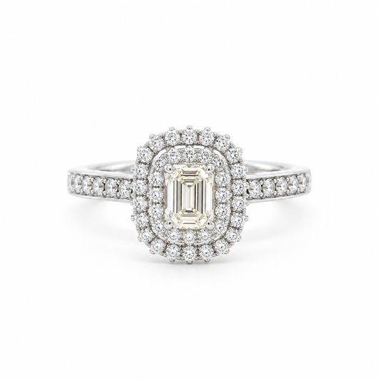 Emerald-Cut Double Halo Diamond Ring