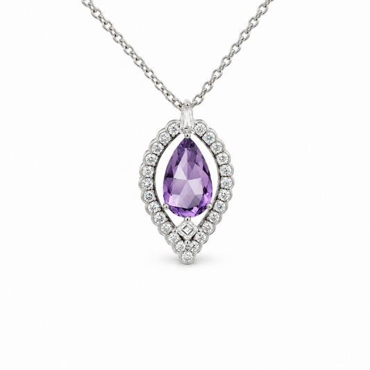 Pear Amethyst Diamond Halo Necklace