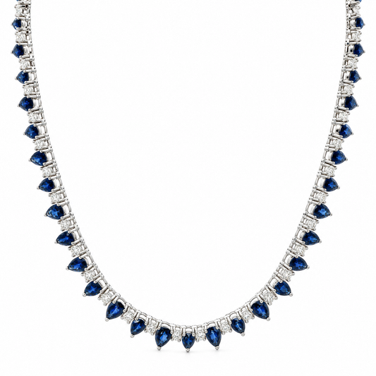 Blue Sapphire and Diamond Drop Tennis Necklace
