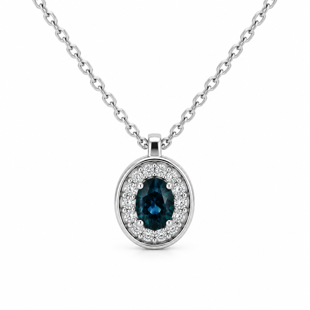 Oval Sapphire Halo Diamond Necklace