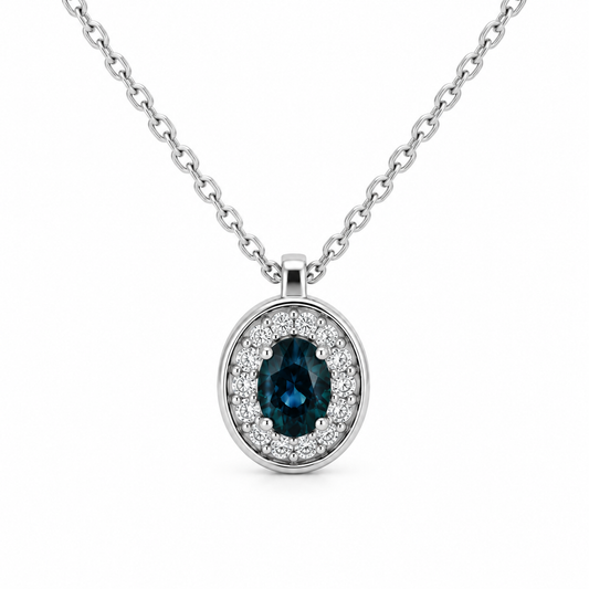 Oval Sapphire Halo Diamond Necklace