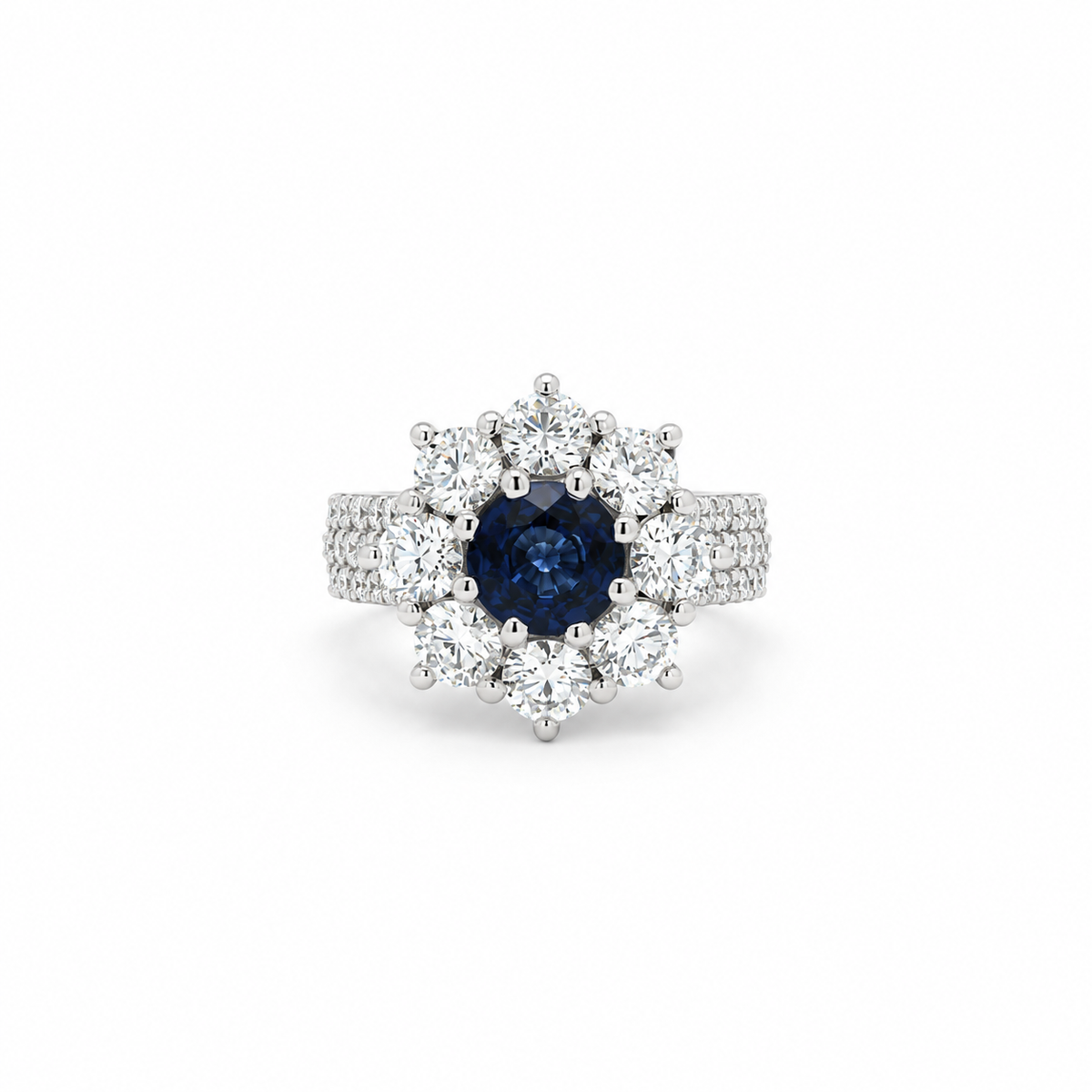 Blue Sapphire and Diamond Cluster Ring