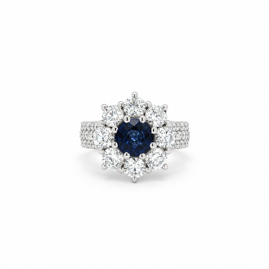 Blue Sapphire and Diamond Cluster Ring