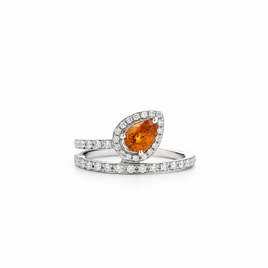 Pear-Shaped Orange Sapphire Pavé Diamond Ring