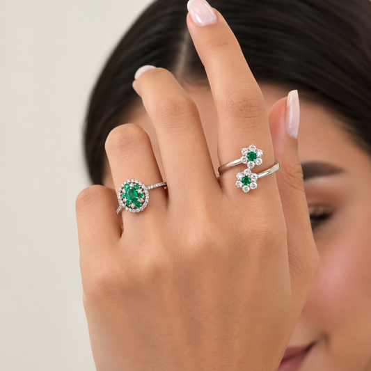 Double Emerald Flora Diamond Ring