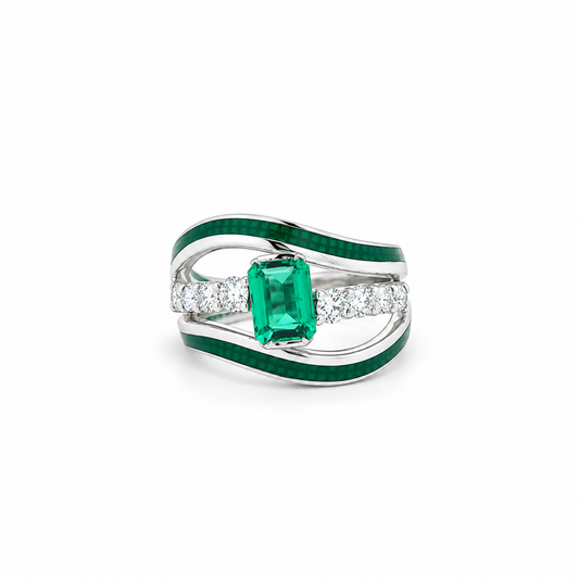 Enamel Wave Emerald Ring