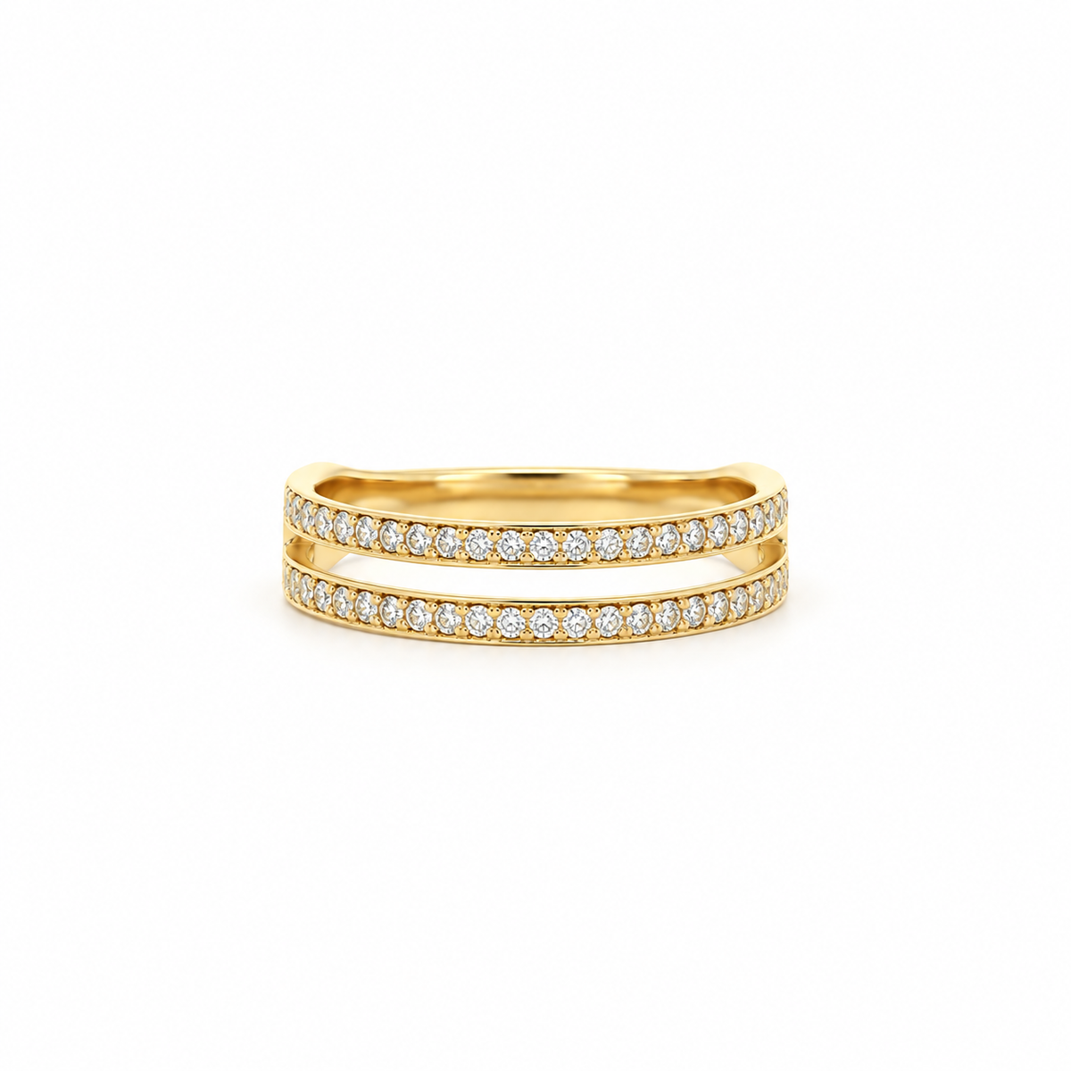 A pair of slim yellow gold eternity rings set with round-cut diamonds, displayed on a clean white background.