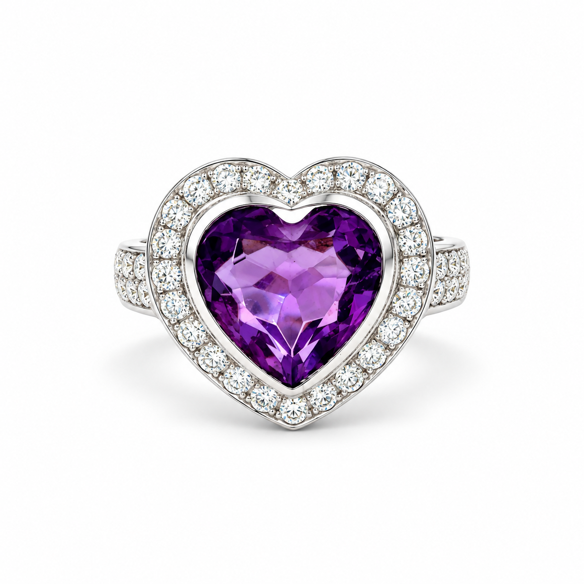 Heart-Shaped Amethyst Diamond Halo Ring