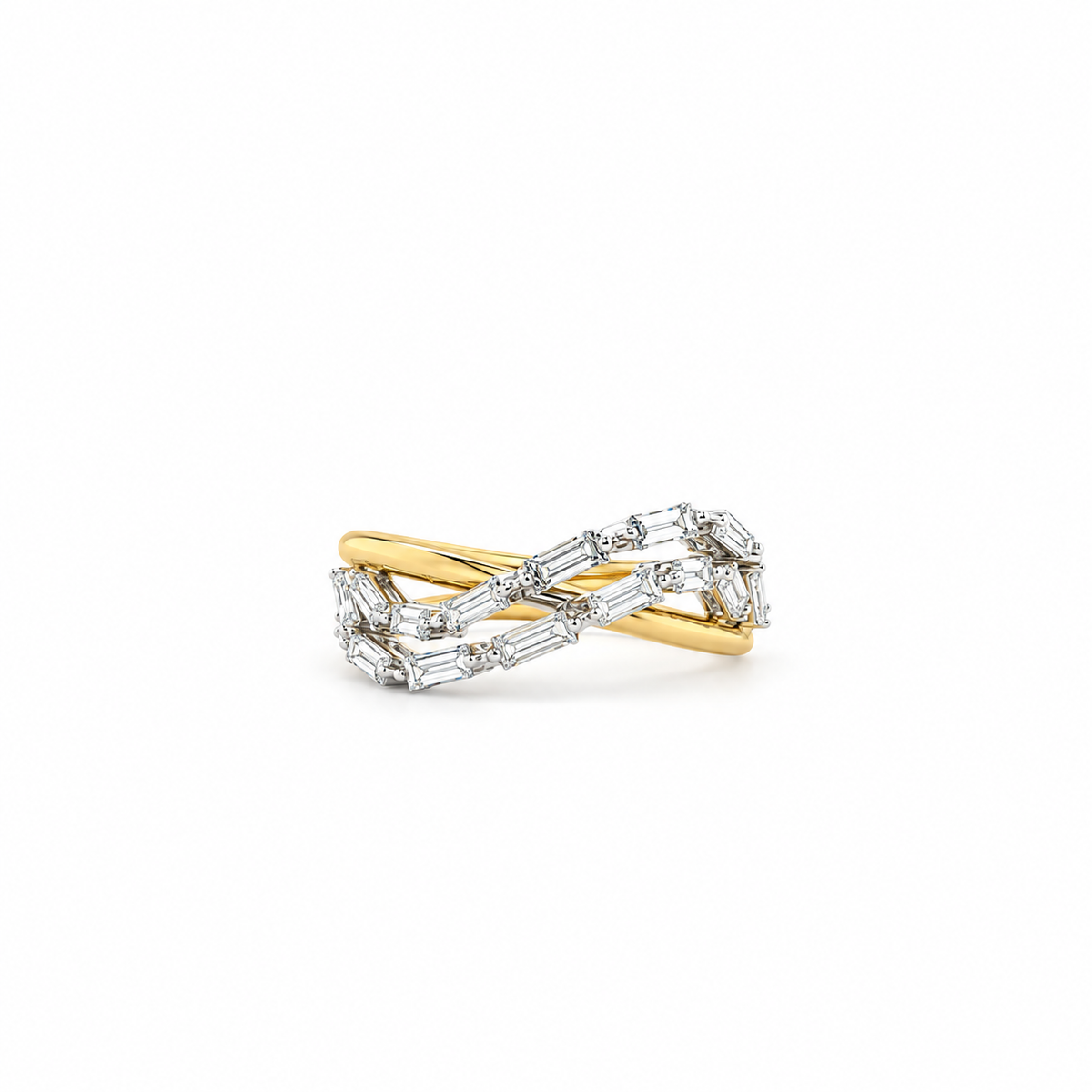 A two-tone ring featuring a yellow gold band interwoven with a silver-toned band set with baguette diamonds, shown on a plain white background.